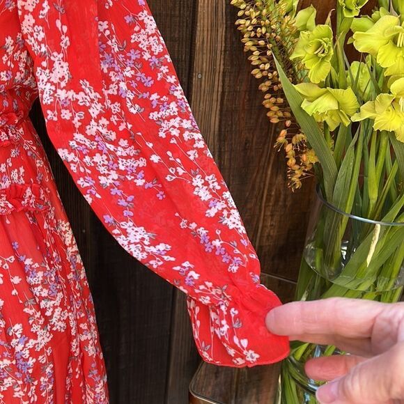 RED FLORAL RUFFLED LONG SLEEVED DRESS Size S M  BNWT - Picture 4 of 9